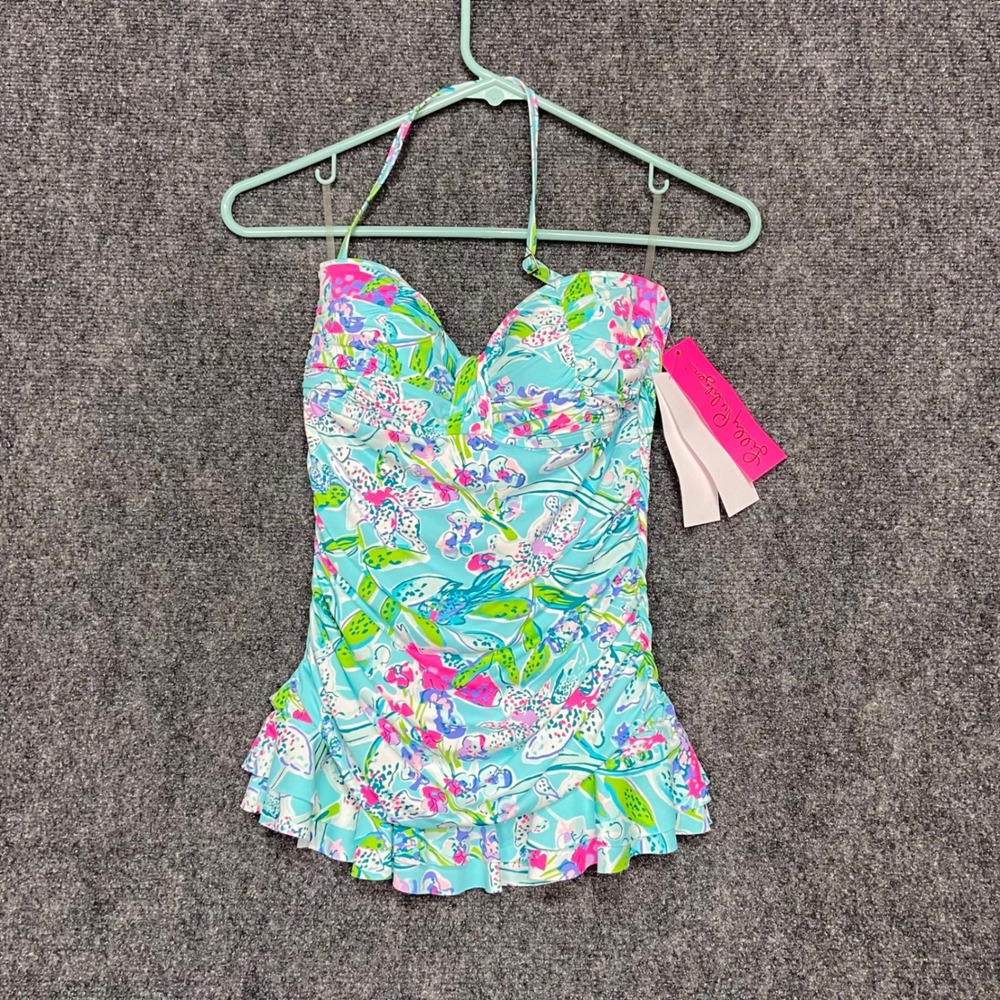 Lilly Pulitzer Carmen Ruffled Tankini Top Bali Blue Sway This‎ Way Swim Size 4 - Picture 2 of 13